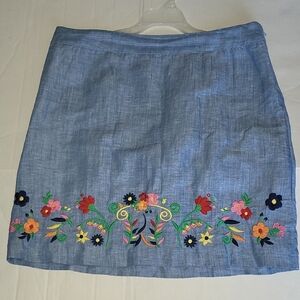 Talbots Embroidered Linen A-Line Skirt Chambray Lined Womens 12 P  Linen Floral
